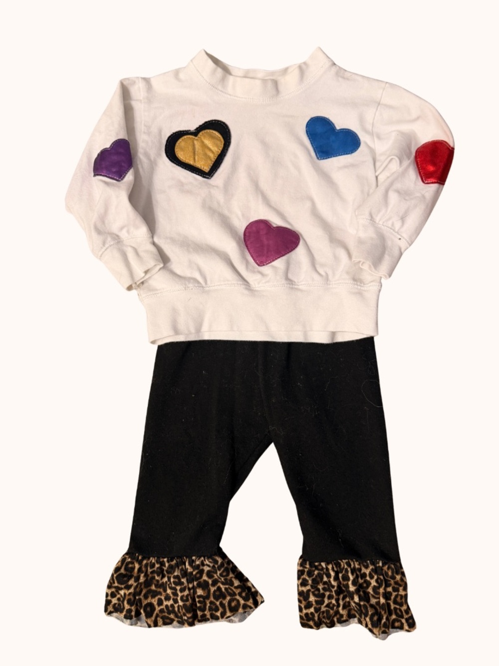 Girls White Heart Patch Sweatshirt with Black Ruffle Leopard-Trim Leggings